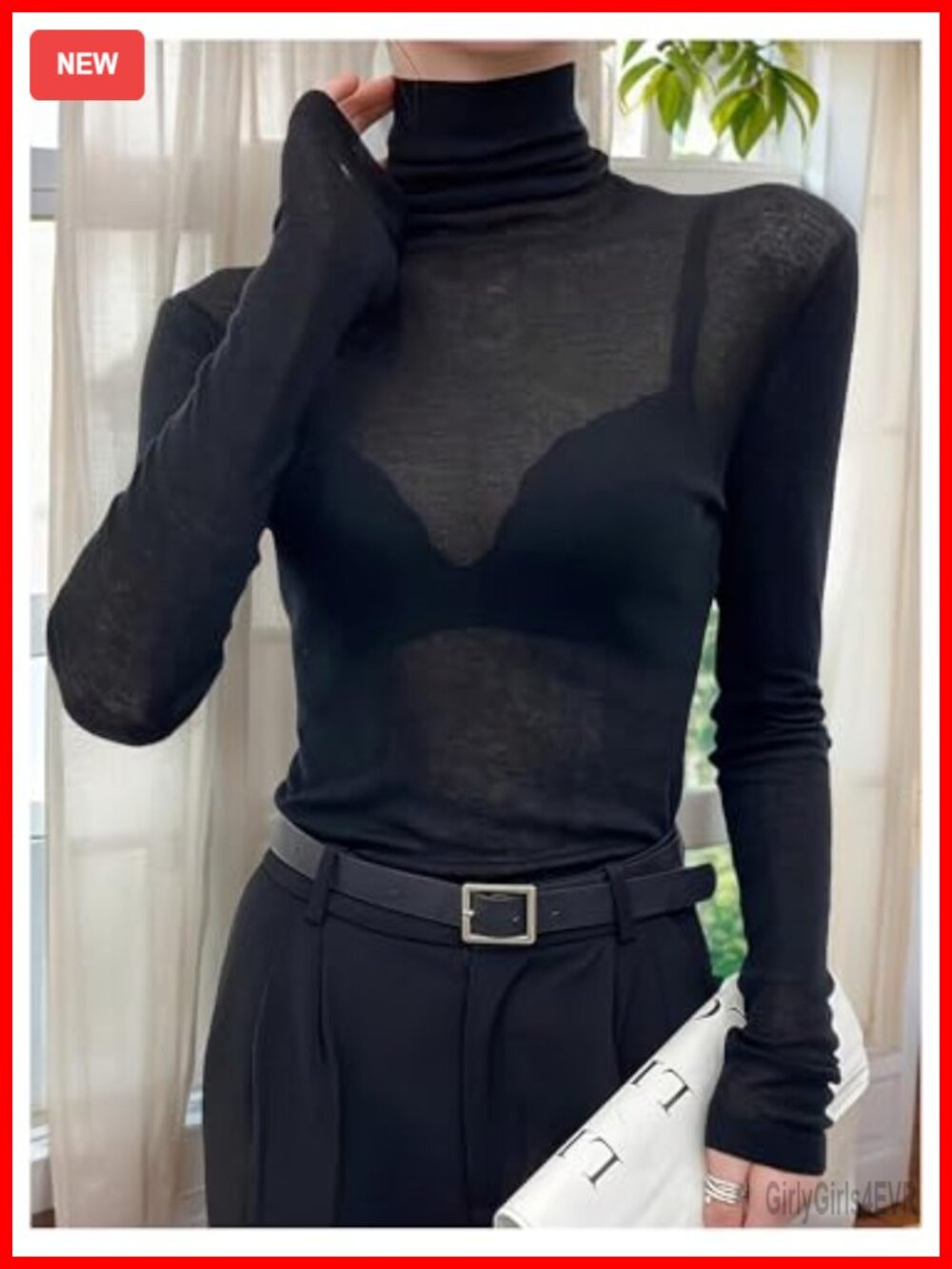 Sheer Mesh See Through Mock Neck Long Sleeve T Shirt, High Turtleneck, Going - Picture 2 of 3